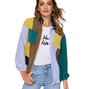 Colorblock Button Corduroy Pocket Jacket Coat